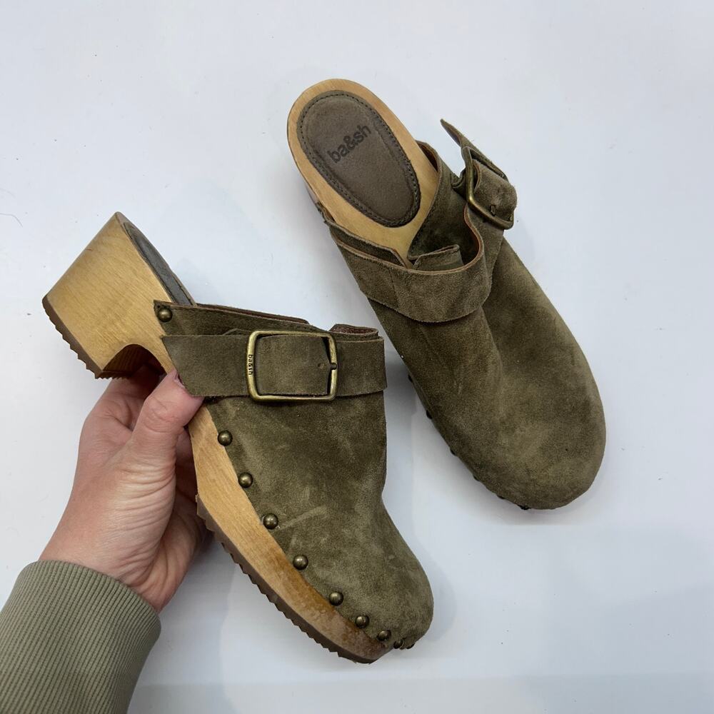 $275 BA&SH Green Leather Clog 38 / 7.5 Block Heel Slip On Buckle